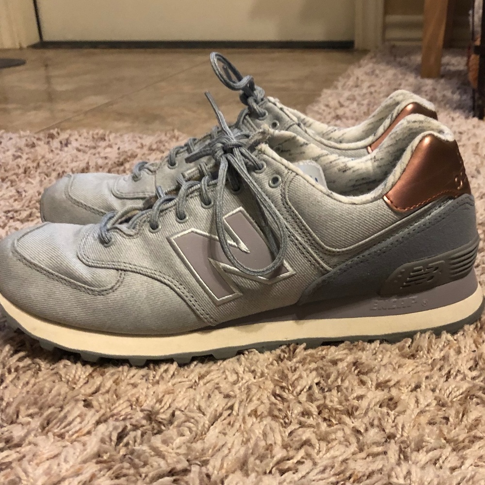 Grey and rose gold New Balance shoes